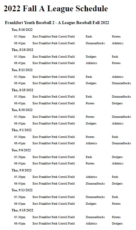 Fall A 22 Schedule