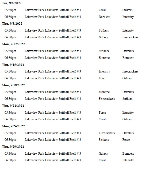 Fall Instructional Softball 22 Schedule 2