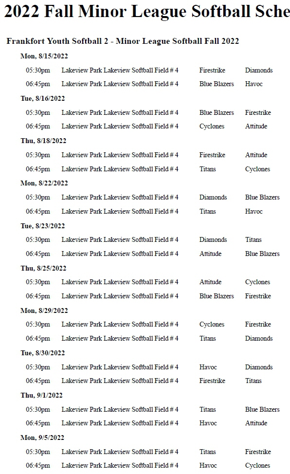 Fall Minor Softball 22 Schedule 1
