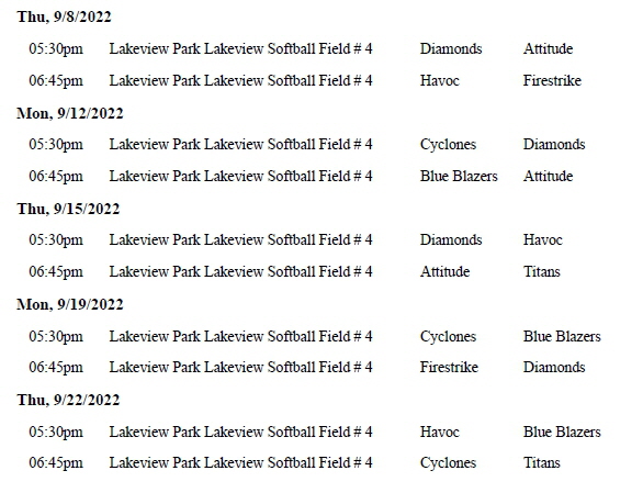 Fall Minors Softball 22 Schedule 2